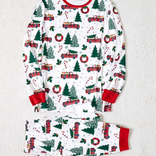 Festive Family Matching Christmas Pajamas Sets - Soft, Flame Resistant, Crew Neck, Round Neck, Long Sleeve, Allover Xmas Tree Graphic & Car Print - Perfect for Spring, Autumn, Fall, and Winter Seasons