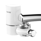 Chrome kitchen faucet with white filter housing on a white background