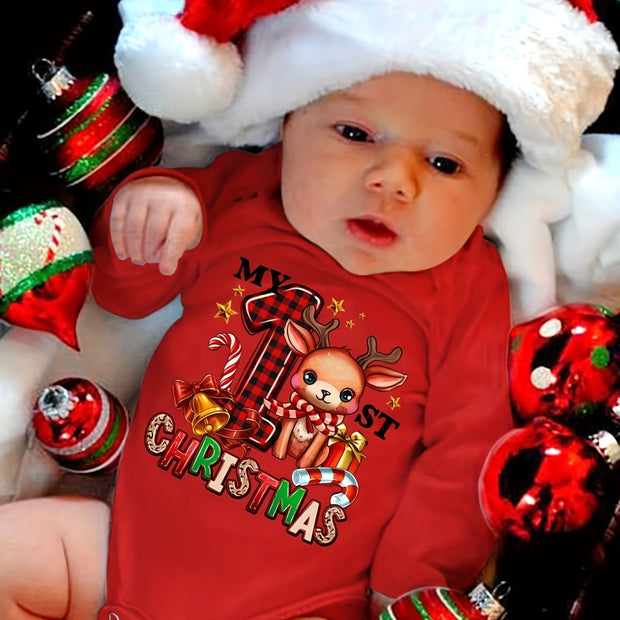 Baby Girl'S My 1st Christmas Long Sleeve Romper - Festive Reindeer & Letter Print, Soft Breathable Fabric, Snap Closure, Cozy Winter Outfit for Newborns, Holiday Celebration Outfit, Christmas Baby Clothes, Newborn Winter Wear