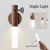 Wooden wall-mounted night light with a hand holding a remote control, on a light gray background.