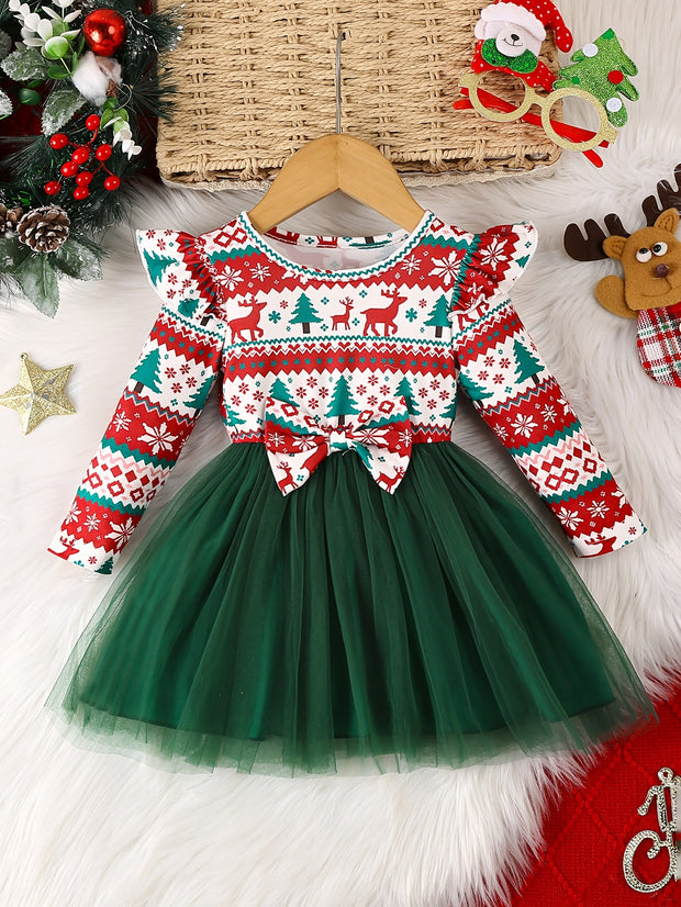 Girls' Long Sleeve Dress for Christmas Party, Festive Red and Green Pattern with Ruffled Hem & 3D Bow, Sweet & Cute Style for Celebrations and Photoshoots, Christmas Dress For Girls