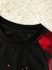 1 Set Family Matching Christmas Pajamas - 'Believe' Print, Crew Neck, Long Sleeve, Knit Fabric, Slight Stretch, All-Season Polyester PJs with Contrast Black Top & Red Plaid Pants