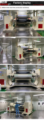 Factory display showing a dust-free production workshop with machinery for manufacturing high heat resistant car window tint.
