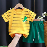 Kids Clothes Set featuring a green T-shirt with a matching shorts outfit for baby boy or girl.