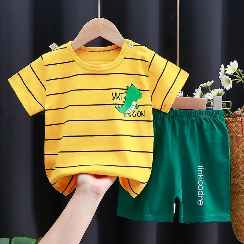 Kids Clothes Set featuring a green T-shirt with a matching shorts outfit for baby boy or girl.