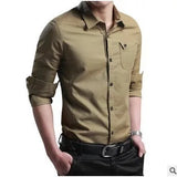 Men's long sleeve casual button-down shirt in khaki, worn by a model