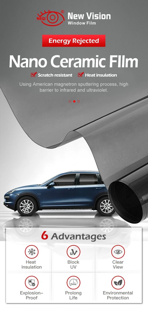 Nano ceramic window film advertisement showcasing heat insulation and energy rejection features for cars.