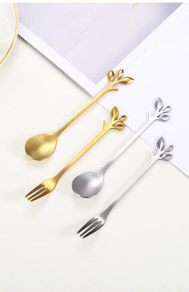 Christmas Gifts, Kitchen Accessories, Tableware Decoration, 5pcs Spoon, Fork, Coffee Spoon, Stainless Steel, Branch Leaves