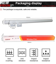Packaging display for high-quality window film, showcasing size and features like anti-crushing and impact resistance.