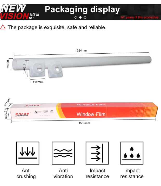 Packaging display for high-quality window film, showcasing size and features like anti-crushing and impact resistance.