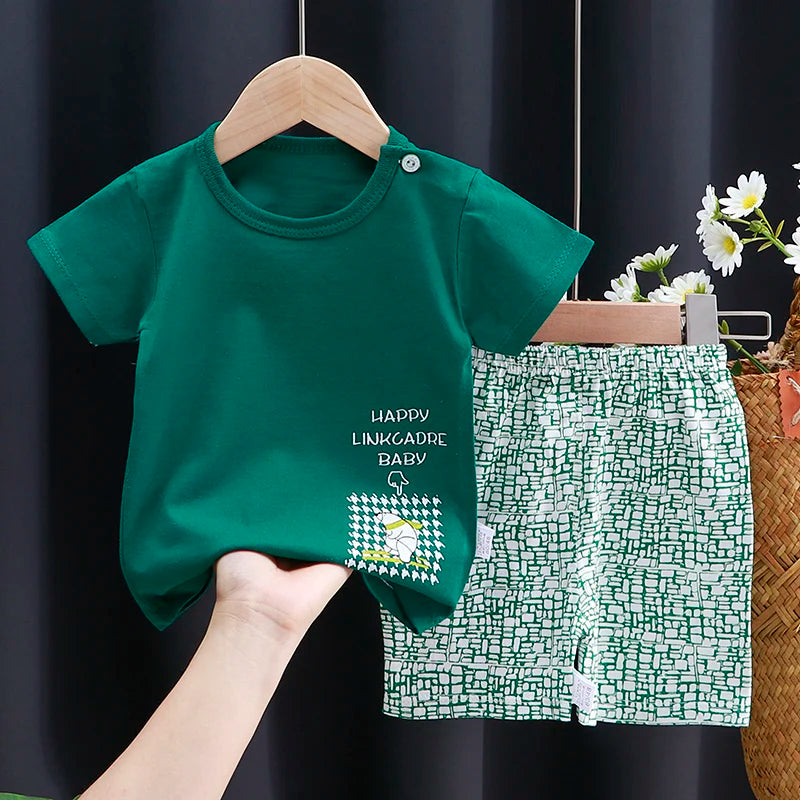 Kids Clothes Set featuring a green T-shirt with a matching shorts outfit for baby boy or girl.