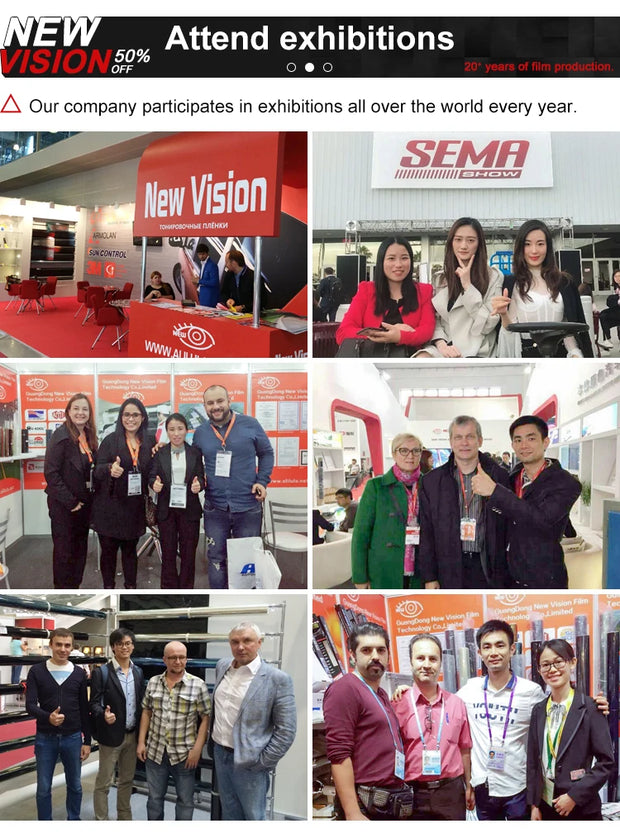 Collage of New Vision team at various exhibitions showcasing their automotive products.