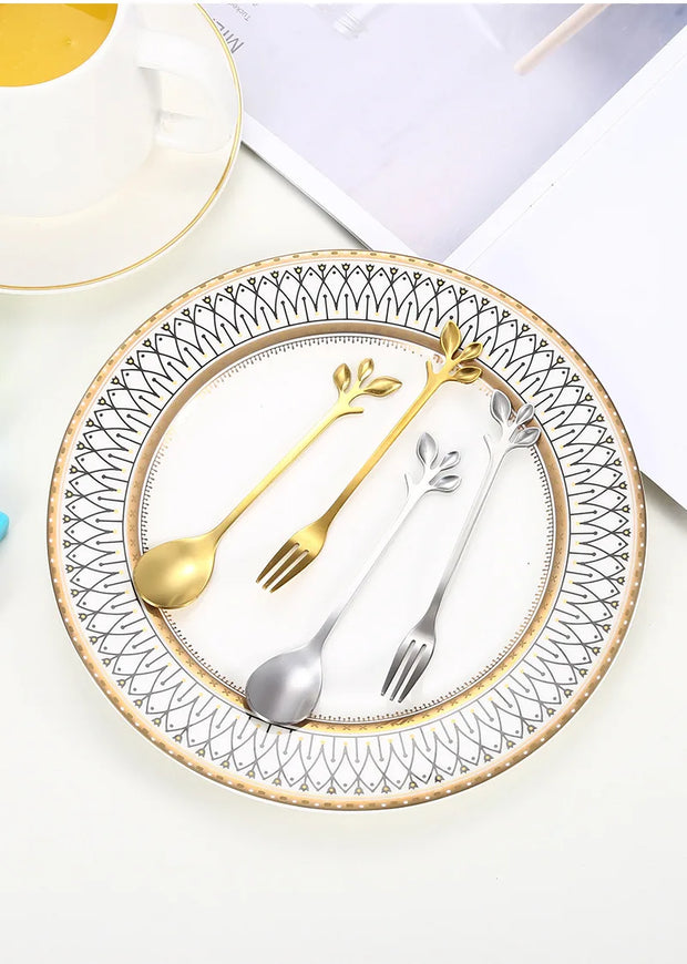 Christmas Gifts, Kitchen Accessories, Tableware Decoration, 5pcs Spoon, Fork, Coffee Spoon, Stainless Steel, Branch Leaves