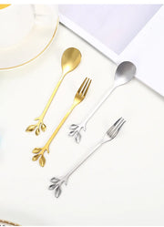 Christmas Gifts, Kitchen Accessories, Tableware Decoration, 5pcs Spoon, Fork, Coffee Spoon, Stainless Steel, Branch Leaves
