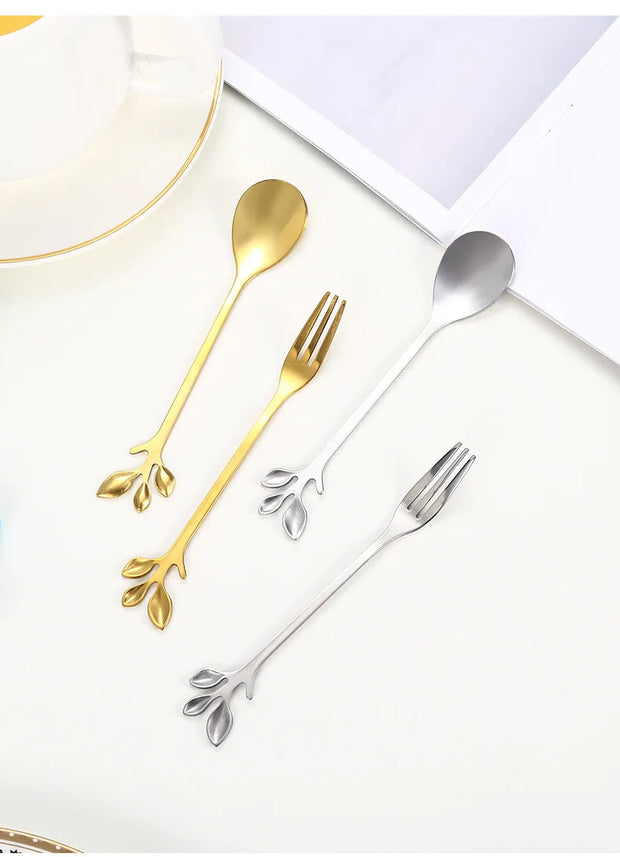 Christmas Gifts, Kitchen Accessories, Tableware Decoration, 5pcs Spoon, Fork, Coffee Spoon, Stainless Steel, Branch Leaves