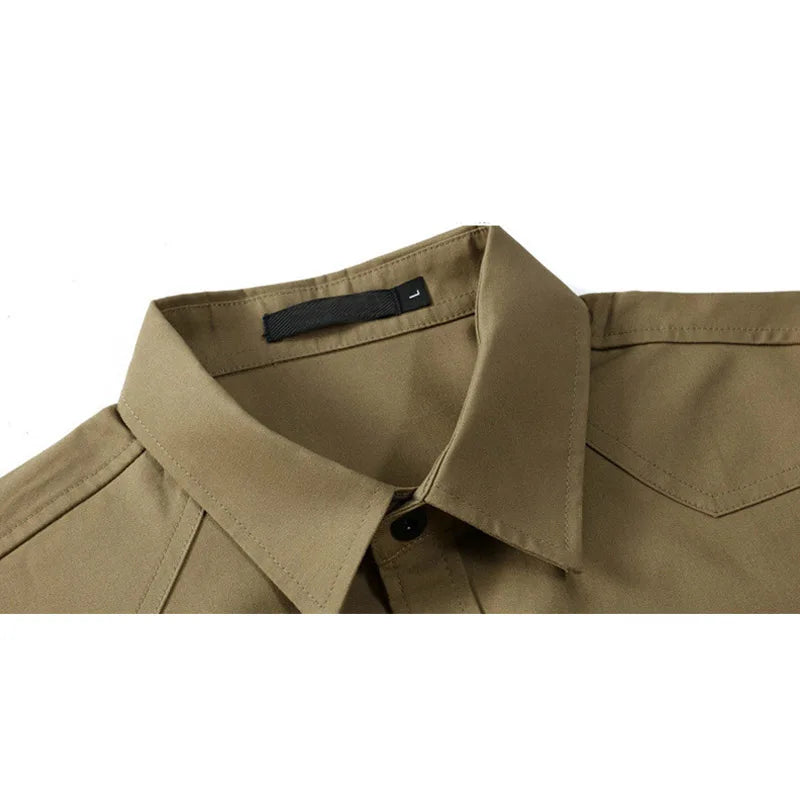 Close-up of turn-down collar and brand label on men's casual button-down shirt