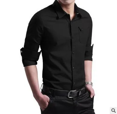 Men's black casual button-down shirt with rolled-up sleeves, worn by a model