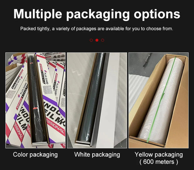 Variety of packaging options for high heat resistant car window tint, including color, white, and yellow packaging.