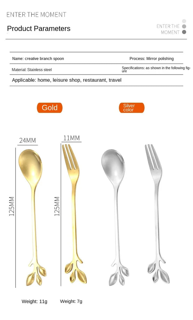 Christmas Gifts, Kitchen Accessories, Tableware Decoration, 5pcs Spoon, Fork, Coffee Spoon, Stainless Steel, Branch Leaves