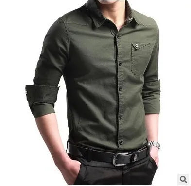 Men's long sleeve casual button-down shirt in army green, worn by a model