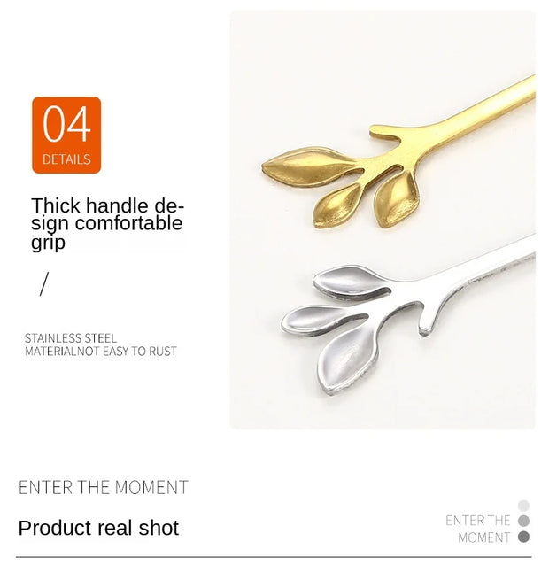 Christmas Gifts, Kitchen Accessories, Tableware Decoration, 5pcs Spoon, Fork, Coffee Spoon, Stainless Steel, Branch Leaves