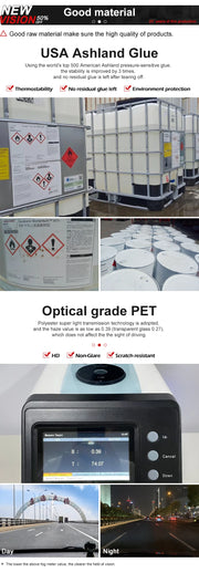 Image showcasing USA Ashland Glue and Optical grade PET, highlighting materials and product details including safety information.