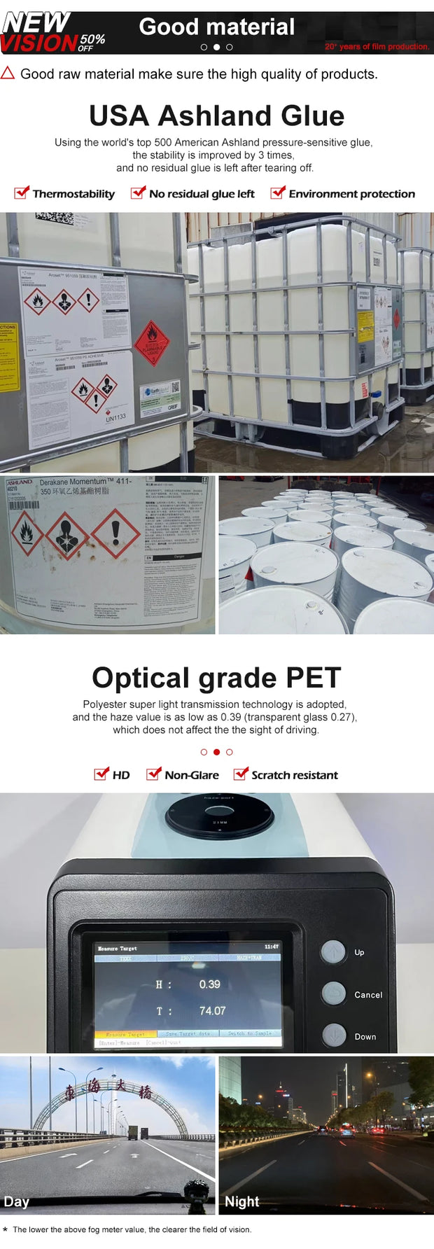 Image showcasing USA Ashland Glue and Optical grade PET, highlighting materials and product details including safety information.