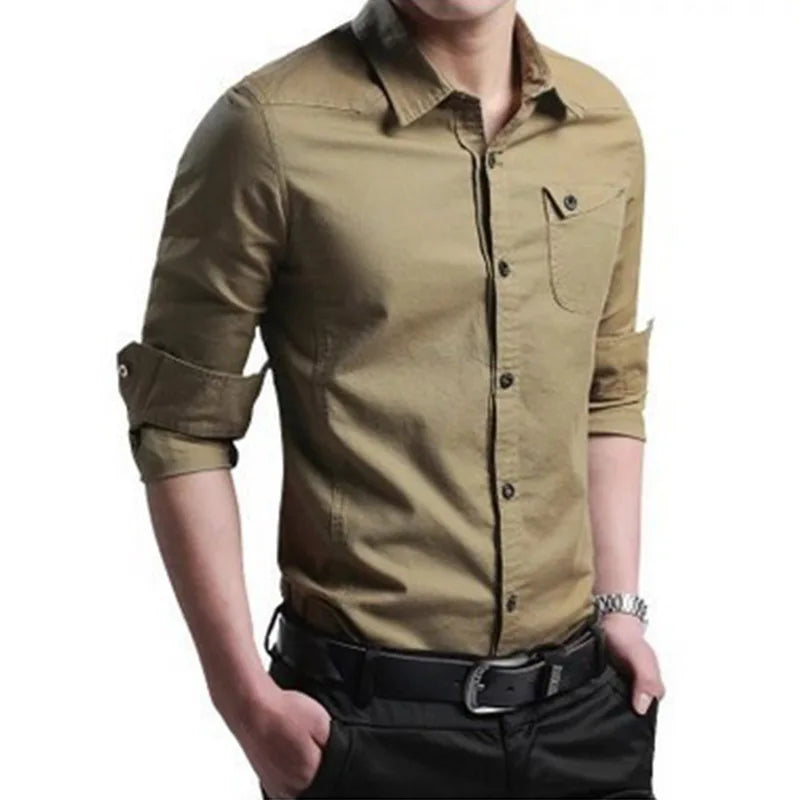 Men's khaki casual button-down shirt with rolled-up sleeves, worn by a model