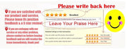 Feedback request graphic encouraging five-star reviews and customer satisfaction with a smiley face.