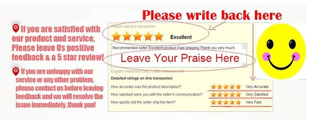 Feedback request graphic encouraging five-star reviews and customer satisfaction with a smiley face.