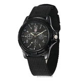 Black military-style quartz watch detailed dial white background alternate view