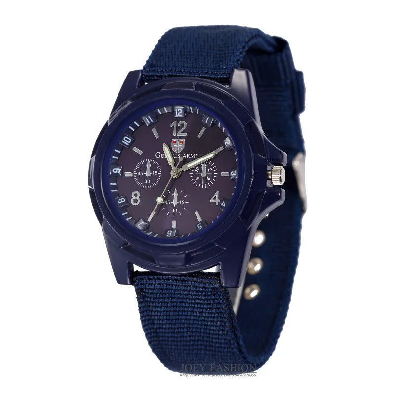 Navy blue military-style quartz watch with detailed dial on white background