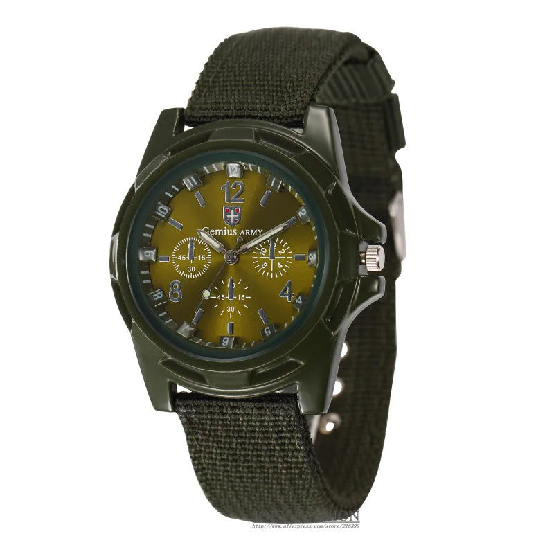 Green military-style quartz watch detailed dial white background alternate view