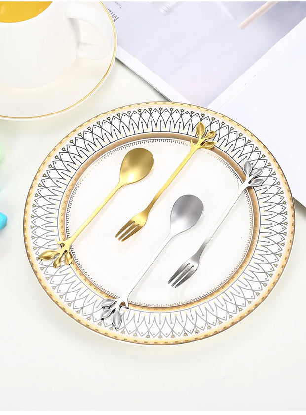 Christmas Gifts, Kitchen Accessories, Tableware Decoration, 5pcs Spoon, Fork, Coffee Spoon, Stainless Steel, Branch Leaves