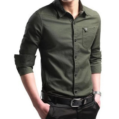 Men's long sleeve button-down casual shirt in army green, worn by a model