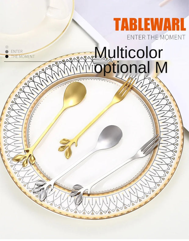 Christmas Gifts, Kitchen Accessories, Tableware Decoration, 5pcs Spoon, Fork, Coffee Spoon, Stainless Steel, Branch Leaves