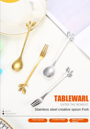 Christmas Gifts, Kitchen Accessories, Tableware Decoration, 5pcs Spoon, Fork, Coffee Spoon, Stainless Steel, Branch Leaves