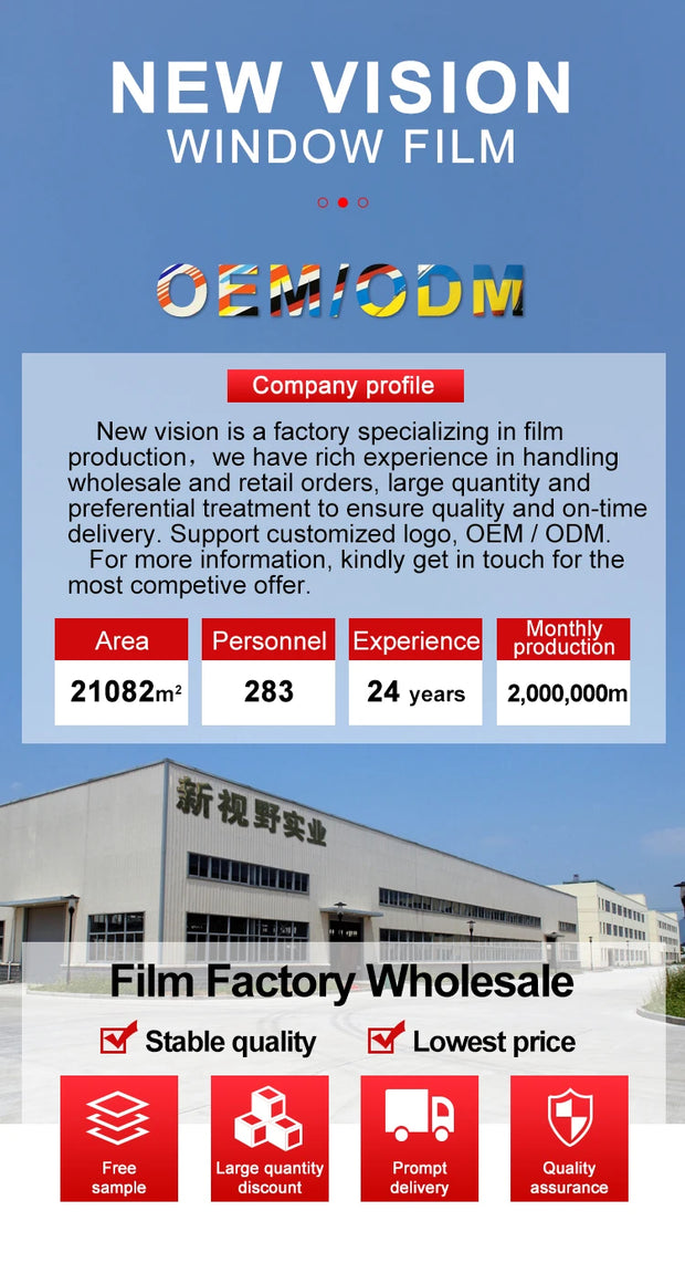 New Vision Window Film company profile showcasing factory and services: OEM/ODM for quality window film production.