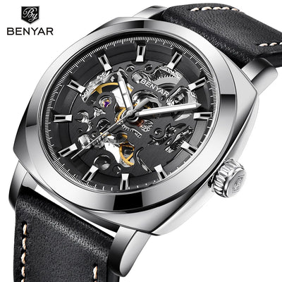 Men's automatic mechanical business watch – black leather strap, transparent skeleton face on white background