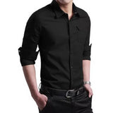 Men's long sleeve button-down casual shirt in black, worn by a model