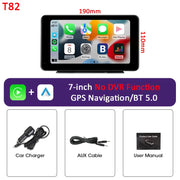 Vtopek 7-inch Carplay screen with GPS Navigation and Bluetooth 5.0, includes car charger, AUX cable, and user manual.