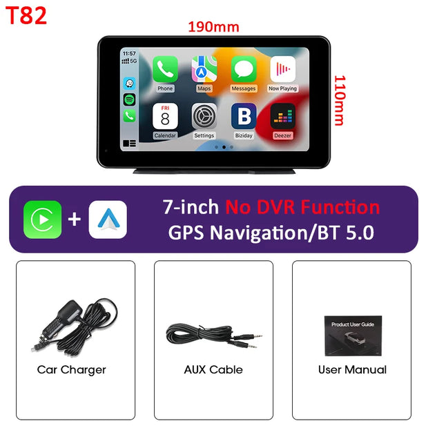 Vtopek 7-inch Carplay screen with GPS Navigation and Bluetooth 5.0, includes car charger, AUX cable, and user manual.