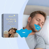 Anti-Snoring Sleep Tape - man sleeping in bed with blue sleep tape applied to his upper lip