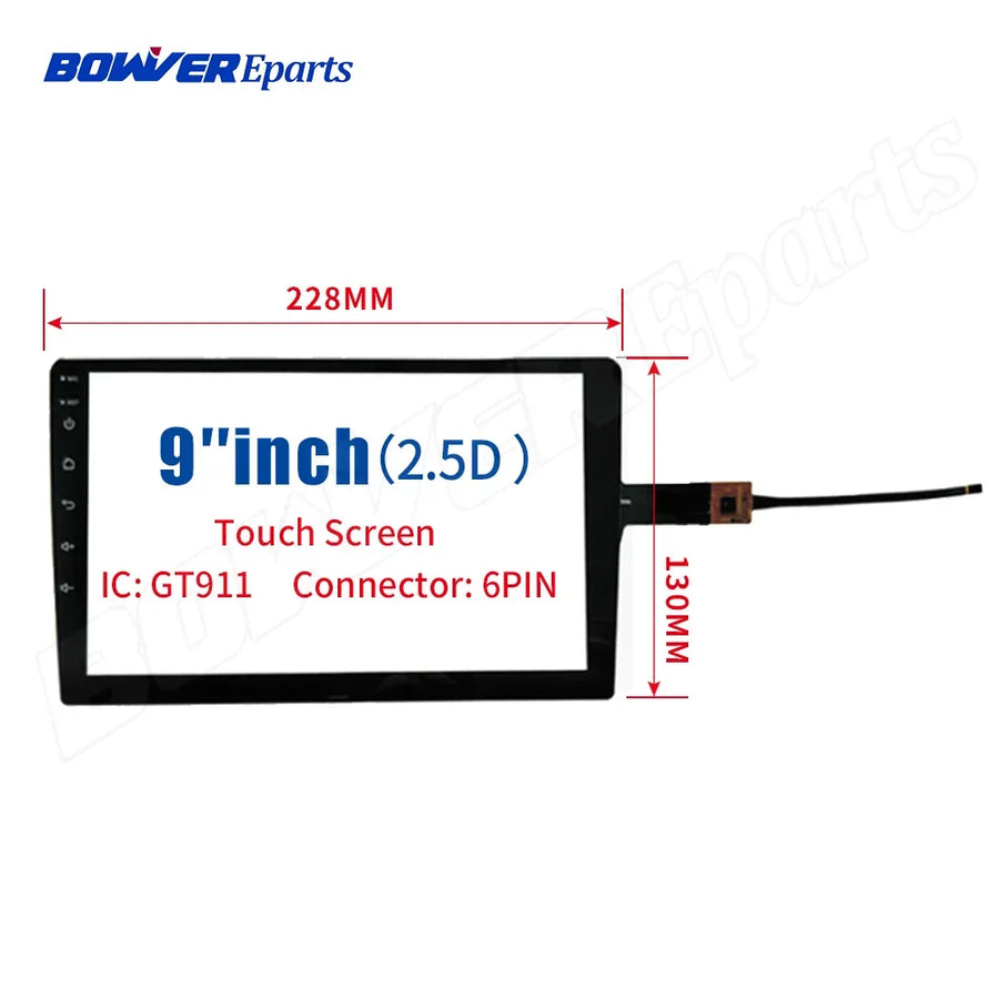 9-inch capacitive replacement touch panel (2.5D) with dimension diagram: 228mm x 130mm, GT911 IC, 6-pin flex connector