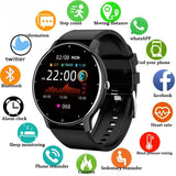 Smart watch with full touch screen showing various icons and features on white background
