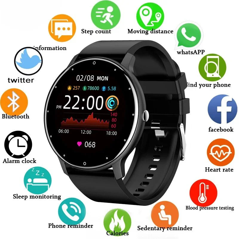 Smart watch with full touch screen showing various icons and features on white background