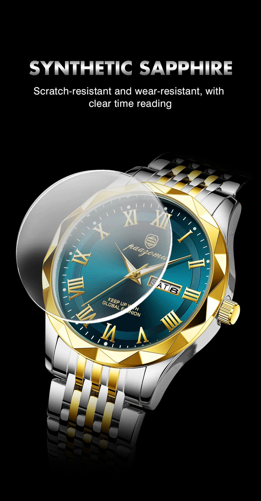 Men's minimalist quartz leisure watch – wristwatch with synthetic sapphire crystal on black background