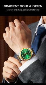 Men's minimalist quartz leisure watch – close-up of person wearing green watch with gold accents in formal attire
