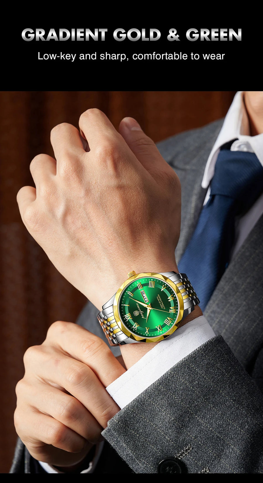 Men's minimalist quartz leisure watch – close-up of person wearing green watch with gold accents in formal attire