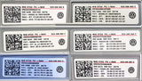 Multiple Volkswagen vehicle identification labels with QR codes and logos.